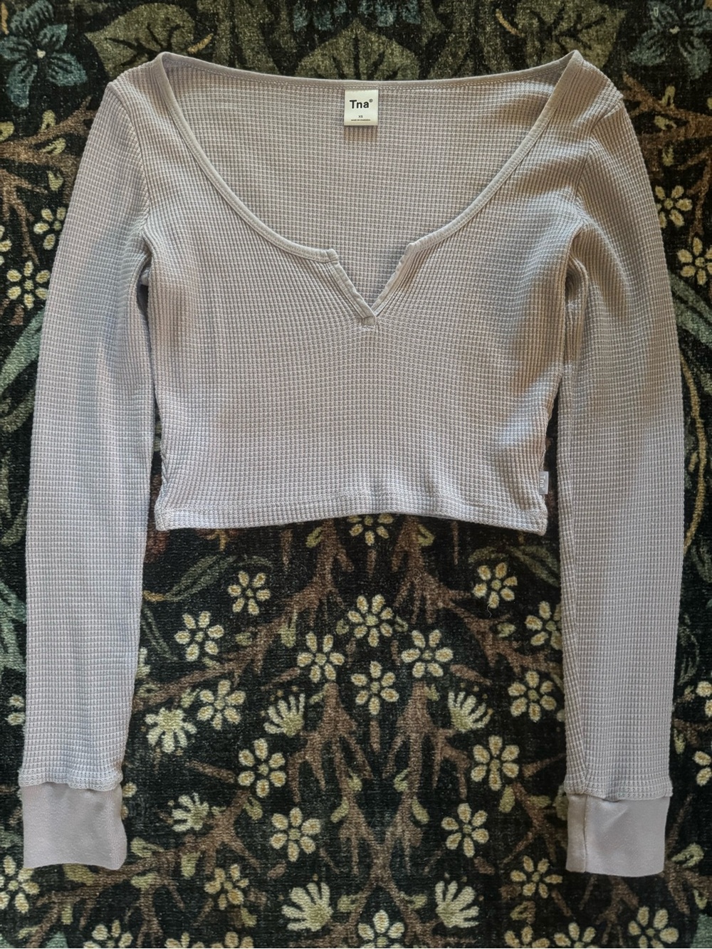 TNA Lilac Waffle-Knit V-Notch Long-Sleeve Crop Top